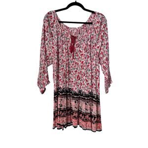 Bongo Plus Top Size 3X Red White Boho Mixed Print Tassel Tie Elastic Neckline